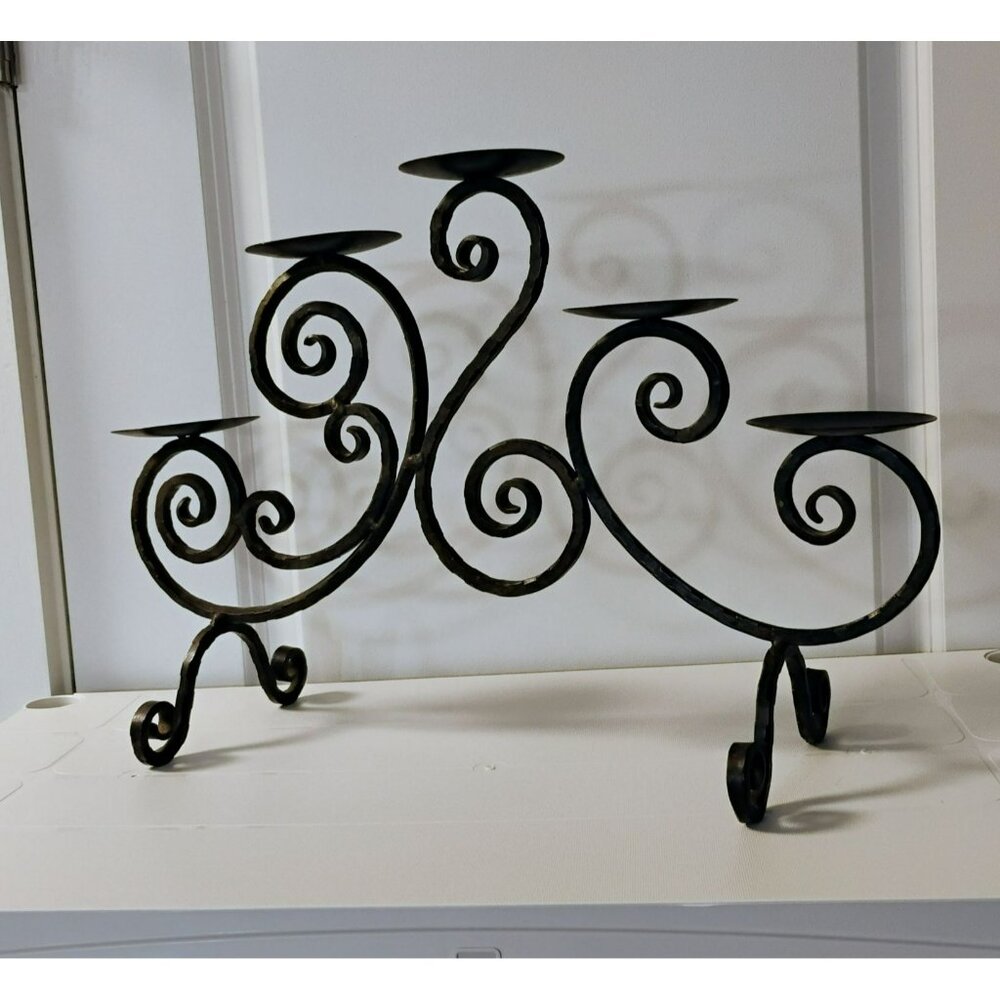 Hand-Forged Black Wrought Iron 5-Arm Candle Holder Candelabra With Scroll Design